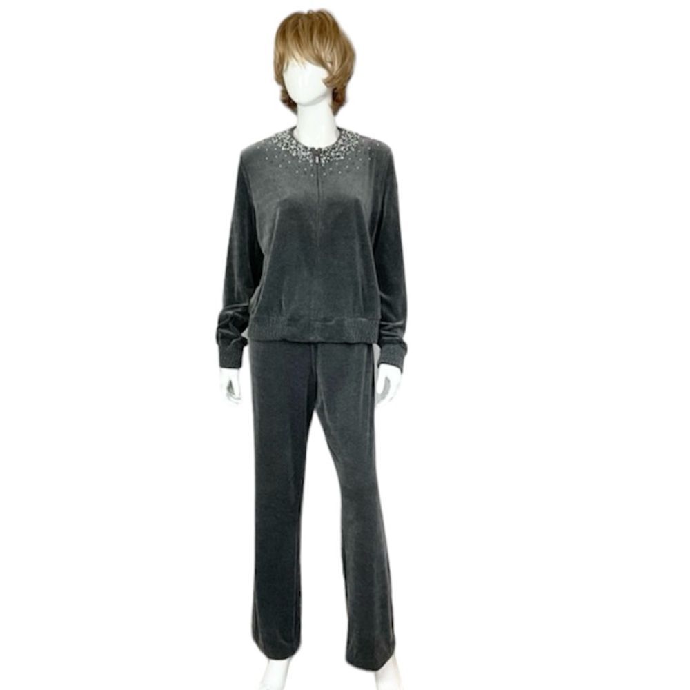 Bloomingdales Y2K Gray Velour Beaded Zipped Jacket & Sweatpants Tracksuit L